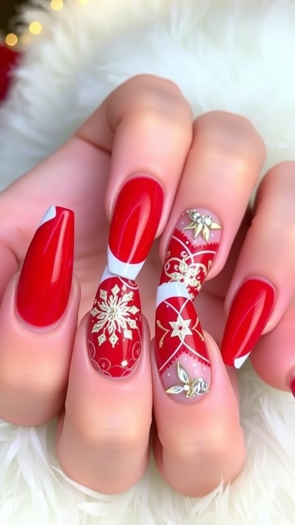 Classy Christmas acrylic nails in red and white with gold glitter and rhinestones.
